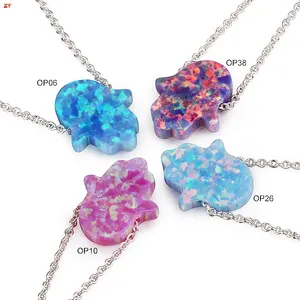 2024 1 piece blue white pink colorful hamsa necklace bello opal stone charms religious hand pendant brass link chain