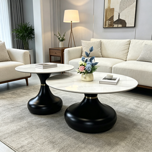 Ensemble de tables basses rondes modernes, plateau en marbre, base en métal noir, meubles contemporains pour salon - Product Image 6