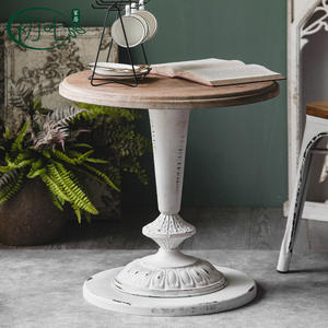 Round Solid Wood Coffee <b>Table</b> With Wrought Iron Base <b>Outdoor</b> Balcony Side <b>Table</b> Retro Distressed Living Room Furniture - Product Image 1