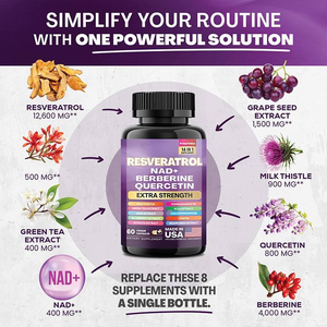 Suplemen Resveratrol, mengandung NAD, Berberine, dan Quercetin, 14-in-1 suplemen Herbal, kapsul Resveratrol - Product Image 2