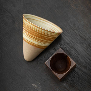 Mug à café <span class=keywords><strong>en</strong></span> céramique rustique vintage créatif avec base <span class=keywords><strong>en</strong></span> <span class=keywords><strong>bois</strong></span>, forme d'entonnoir, tasse à <span class=keywords><strong>latte</strong></span> art, mug à eau pour la maison - Product Image 6