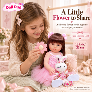Poupée Duo personnalisée de 13 pouces, entièrement en silicone, bébé reborn aux cheveux bruns et à la jupe rose en tulle, cadeau de Noël personnalisé pour enfants - Product Image 3
