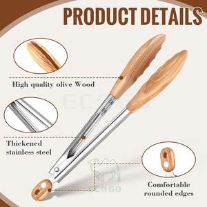 Pinces de cuisine en bois d'olivier et bambou, 2 tailles, pour la cuisson et le service de salades, ensemble d'ustensiles avec embouts en bois, sans danger pour les aliments, lavage à la main uniquement - Product Image 4