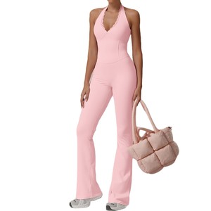 Mono de yoga para mujer, color liso, cuello en V, halter, pantalón acampanado, elástico, poliéster y algodón, largo completo, sin mangas, otoño-invierno - Product Image 5