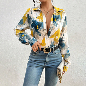 Thiết Kế Độc Đáo In Hoa Mở Phía Trước Áo Sơ Mi Văn Phòng Phụ Nữ Cổ Áo Thường Xuyên Phù Hợp Với Áo Sơ Mi Phụ Nữ Áo Cánh Áo Sơ Mi - Product Image 1