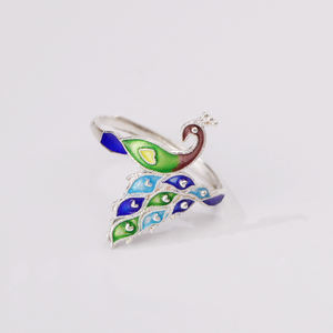中国風エナメル孔雀クラスターリング メンズ レディース ヴィンテージ オープン アジャスタブル ラッキーリング - Product Image 3