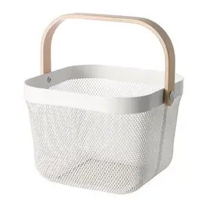 Panier de rangement en maille avec manche en bois, 1 pièce, panier en métal pour fruits pique-nique, nourriture, vente en gros