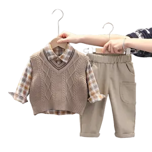 Kids Boy Spring Clothing Set 1-5 years Baby Boy Clothes Full Sleeve Plaid Shirt + Pants + Sweater Vest 3pcs Casual Cotton Set