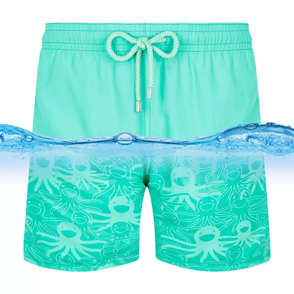 100% Polyester Magische Kleur Veranderen In Waterdruk Perzik Huid Veranderende Stof Voor Strand Zwemshorts