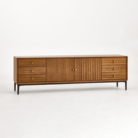 Buffet moderne minimaliste en chêne massif, grand meuble de rangement à 2 portes et 6 tiroirs, long buffet en bois avec poignées dorées