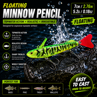 DUHNNUG Leurre de pêche flottant type crayon 7cm 5.2g, appât dur réaliste pour eaux de surface, yeux de poisson 3D, écailles, pour eau salée, rivière et lac