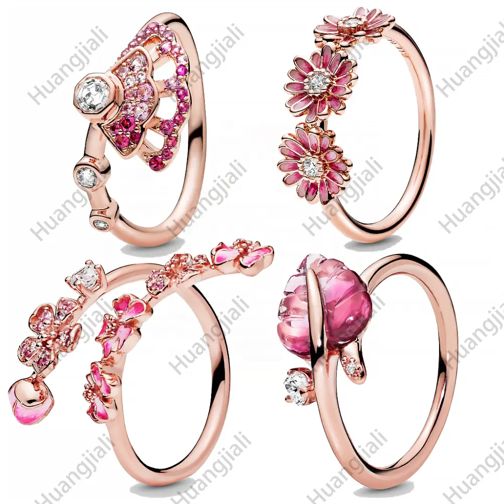 Murano Glas Original Pfirsich Öffnungs ring, Charm Schmuck Damen Geschenk Roségold, Drei Rosa Gänseblümchen, Pink 925 Silber CHRISTIAN HJL