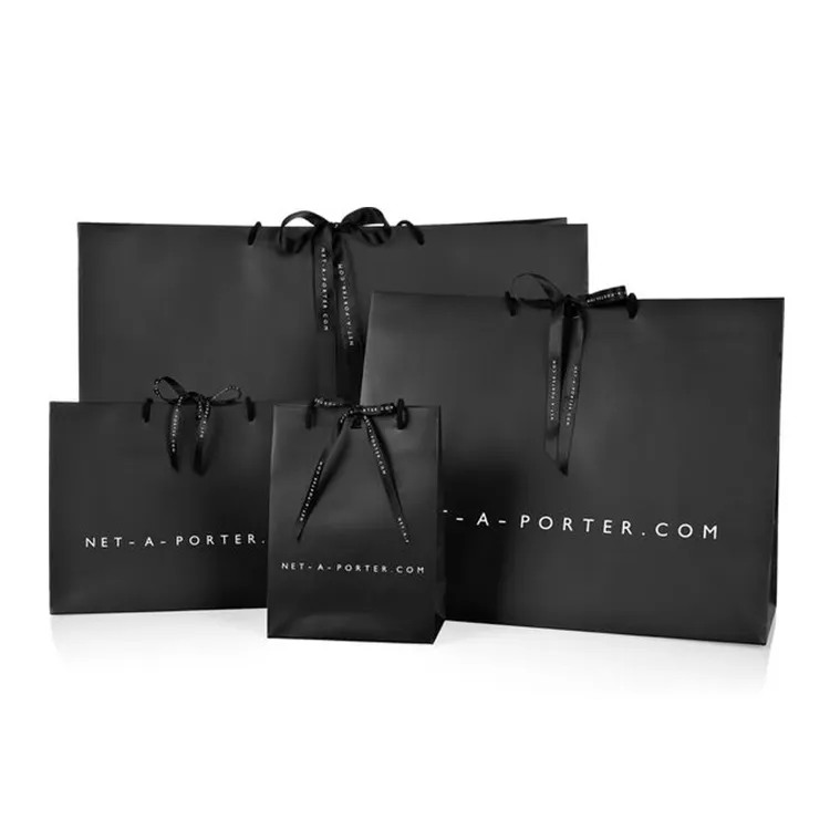 Custom Logo Print Matte Black Rose Gold Luxury Gift Carry Paperbags Boutique Shopping Eco Paper Bags With Handles Ribbon Bow Tie