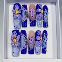 Faux ongles romantiques bleus roses pour mariage, longs et carrés, faits à la main, à presser, 10 pièces/ensemble, réutilisables, de haute qualité, avec fleurs 3D