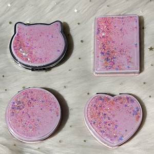 กระจกแต่งหน้าสองด้านแบบมีประกายวิบวับ สีชมพู น่ารัก รูปทรงสี่เหลี่ยม วงกลม หัวใจ แมว พร้อมกระจกขยาย - Product Image 4