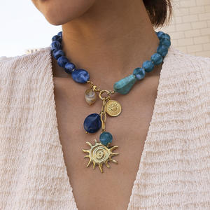 Collar de Acero Inoxidable con Colgante de Acrílico Azul y Cuentas para Mujer, Cadena con Dije de Lapislázuli - Product Image 1