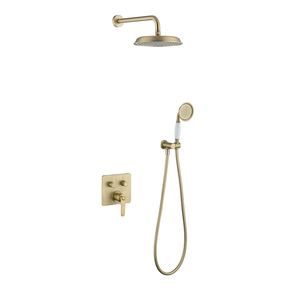 Système de douche encastré mural de luxe en laiton massif brossé doré, haute pression, avec douchette pluie intégrée, 2 modes de jet - Product Image 1