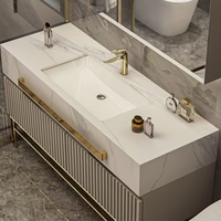 Set Kombinasi Wastafel Kamar Mandi Mewah Modern Elegan Minimalis dengan Bak Cuci Terintegrasi dari Batu Alam dan Finishing Lacquer Modern