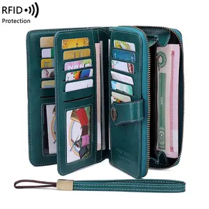 Hollow Out New Style RFID Blocking Large Capacity Lady Long Clutch Purse Leather Women Wallet with wrist strap