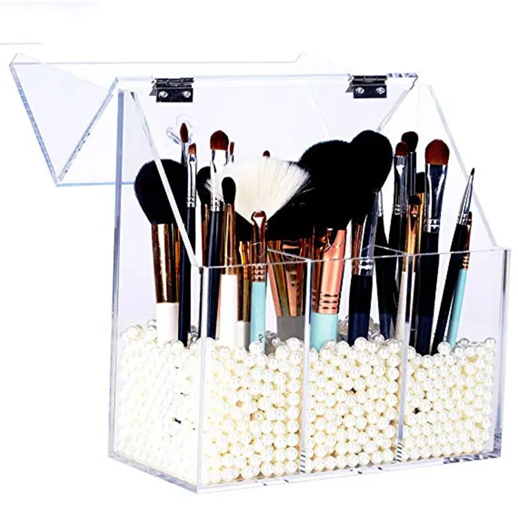 Großhandel kunden spezifisches klares Acryl-Display Staub dichter Make-up-Bürsten halter mit 3 Bürsten halter fach und staub dichtem Deckel