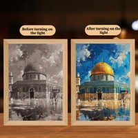 Cadre de peinture LED 4D musulman avec lumières multicolores changeantes, cadeau islamique - Matériel en bois, rechargeable par USB