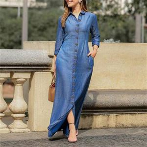 I-0231 Women's Clothing Women <b>Long</b> Jeans Dresses Shirt Collar <b>Denim</b> Button <b>Long</b> Sleeves <b>Skirt</b> Casual Ladies <b>Denim</b> Dress - Product Image 3