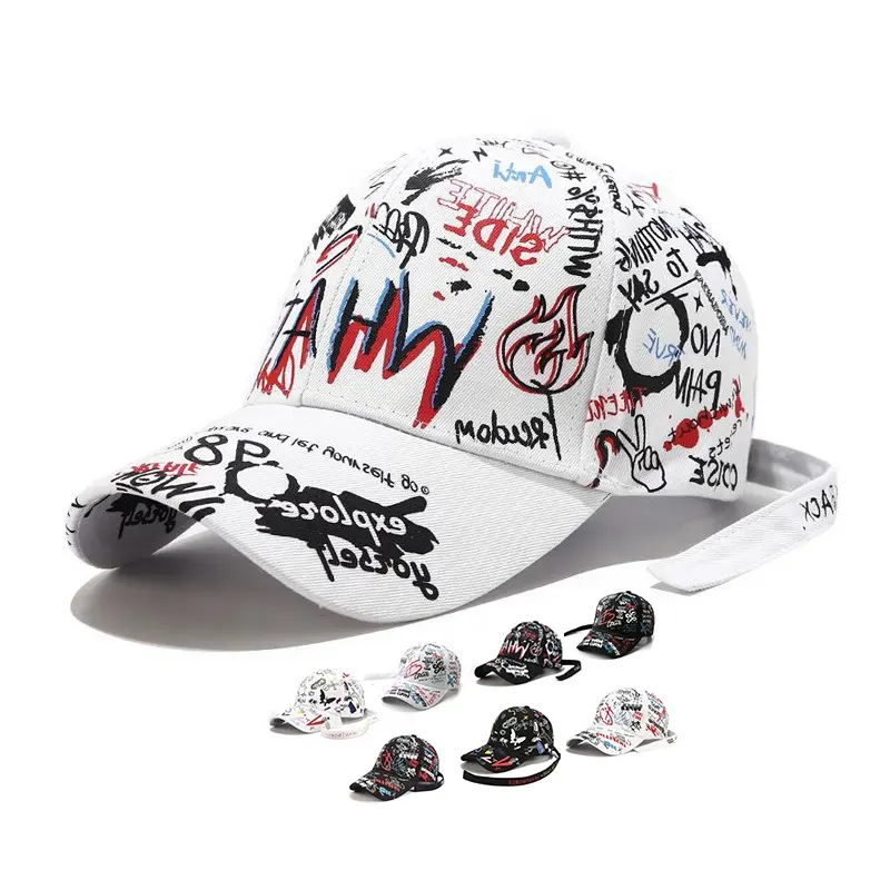 Custom Unisex Fashion Novelty Graffiti Printing 6 panel Curved Bill Sports Baseball Caps Dad Hats Buckle Adjustable Men Cap Hat
