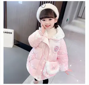 Casaco de inverno quente de veludo para meninas de 2 a 7 anos, casaco parka longo e grosso para neve, roupa de inverno para meninas