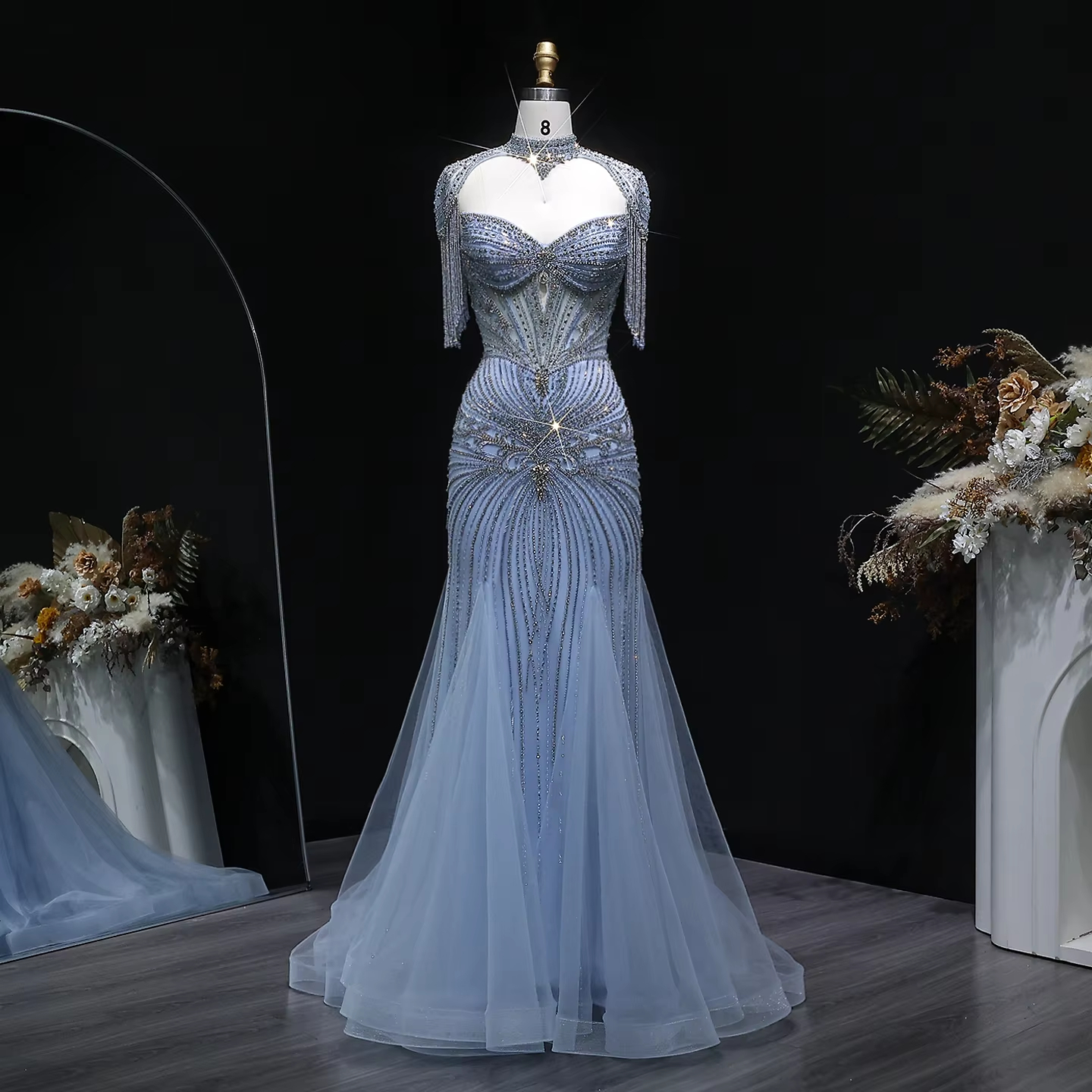 strapless open back dress Furlla Woman Light Blue Halter Neck Backless Long Mermaid Satin Prom Dress  with Bow-knot – Furlla Official main image 1