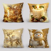 Housse de coussin de Noël, motif bougie dorée, renne, bonhomme de neige, housse de coussin décorative, décoration de Noël de luxe