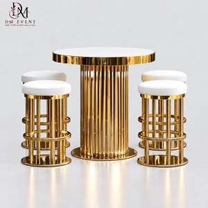 Wholesale Gold <b>Stainless</b> <b>Steel</b> Round Fluted Drum Cocktail <b>Table</b> with Mirrored Tempered Glass <b>Top</b> for Cocktail Parties - Product Image 1