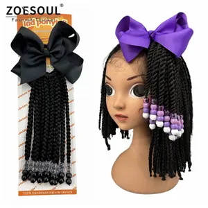Kids Braid Twist Hair Ponytail Extension with beads bow rubber band 8inch Synthetic Wrap Around Ponytail for little girls kids