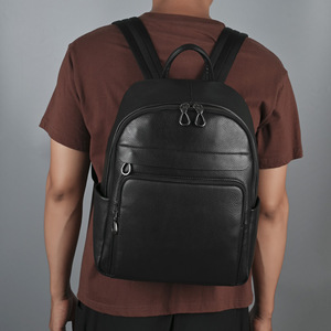 Men's Top Grain Cowhide <b>Backpack</b> <b>Black</b> 36-55L Waterproof Business Travel Casual Solid Color Soft Handle Interior Zipper Pocket - Product Image 1