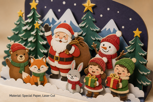 Carte de Noël 3D Pop-up au design original ZS-PC0221, Forêt, Père Noël, Bonhomme de neige, Animaux, Guirlande, Petite carte - Product Image 4
