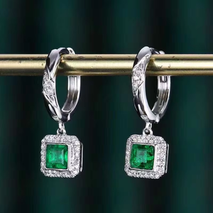 18K White Gold Square Cut Natural Emerald Drop <b>Earrings</b> Twisted Diamond Hoop <b>Halo</b> Fine Women Gemstone Jewellery - Product Image 2
