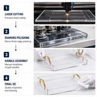 Plateau de service carré de luxe en acrylique transparent, compatible avec les aliments, avec poignées en métal doré, finition polie, qualité commerciale, décoratif moderne
