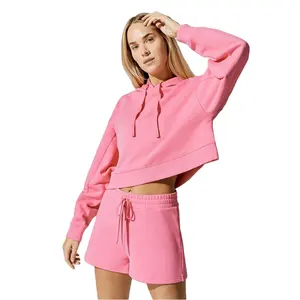 Venta caliente OEM Logo Mujer Rosa Ropa Deportiva French Terry Manga Larga Sudadera con Capucha Pantalones Cortos Conjunto