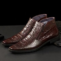 Chaussures en cuir véritable à motif pour hommes, nouveau style 2025, bottes montantes de style britannique, pointues pour affaires