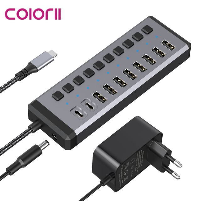 Aluminum Alloy 10-in-1 USB-C Hub Independent On/Off Switch 10Gbps USB3.1 Powered Hub with Adapter for Laptop Desktop PC
