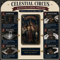 Cartes de collection en métal vintage OEM sur le thème du cirque, personnages de spectacles imprimés sur mesure, cartes de collectionneur, cadeau souvenir, vente en gros
