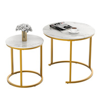 NBHY Tables d'appoint industrielles modernes en bois Jeu de 2 tables basses gigognes rondes dorées de luxe Table de chevet avec cadre en métal