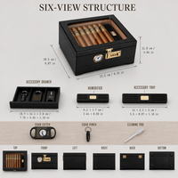 Humidor de bureau en bois de luxe avec couvercle en verre, hygromètre, humidificateur, serrure à combinaison, tiroir de rangement pour accessoires, anti-humidité