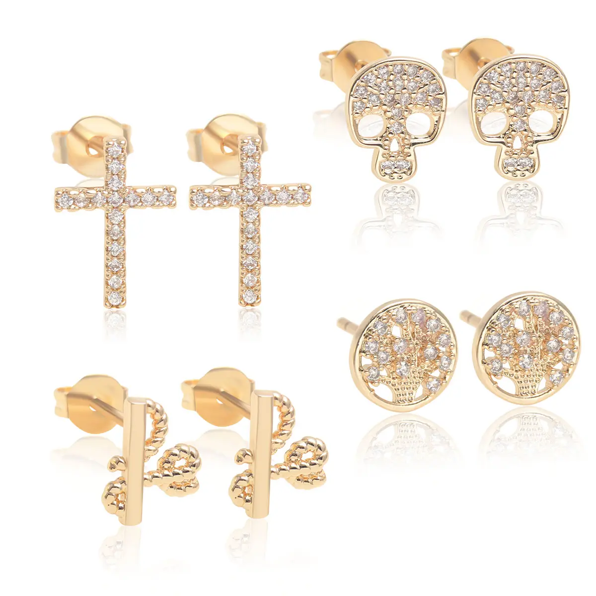 Factory Custom Geometric Women Copper 18K Gold Plated CZ Zircon Stud Earrings Cross/Bird/Eye/Hand/Religious Earrings Jewelry