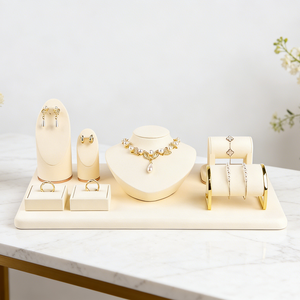 Factory Beige Microfiber Fabrics Luxury Packaging Necklace Watch Bracelet <b>Earring</b> Ring Jewelry Display Set with Tray Display - Product Image 1