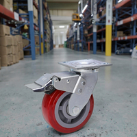 Roda Caster Tugas Berat OEM 4" 5" 6" 8" Baja Berlapis Bubuk dengan Rem Putar Warna Merah Inti Besi Poliuretan Tugas Berat 600kg