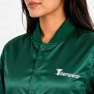 Tiierwear <b>Women</b> Green Satin <b>Bomber</b> <b>Varsity</b> <b>Jacket</b> Single Breasted Snap Button Stand Collar Logo Autumn - Product Image 6