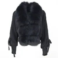 OFTBUY nouveau automne hiver mode chandails tricotés avec col en fourrure de renard Cardigans en fourrure de renard tricoté vestes en fourrure de renard femmes pull manteau