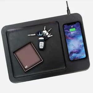 Wood frame, PU leather cover wireless fast charging storage valet tray