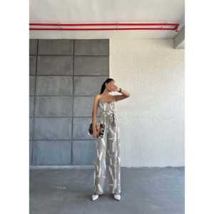 Mono de chifón con cuello en V y tirantes para mujer, de cintura alta, sin mangas, informal, transpirable, estilo urbano, con diseño estampado - Product Image 5