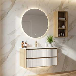 Mueble de Baño Moderno de Pared con Textura Acanalada y Espejo LED Táctil Inteligente |   Acabado de Nogal de Lujo para Remodelación del Hogar - Product Image 4